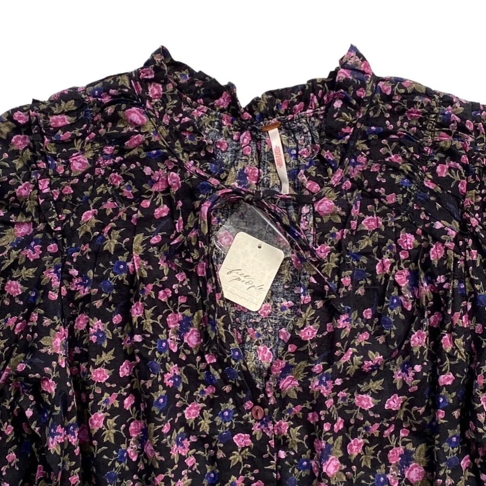 Free People Nwt Meant To Be Black Combo Floral Cotton Blouse Top Small S - Picture 2 of 3